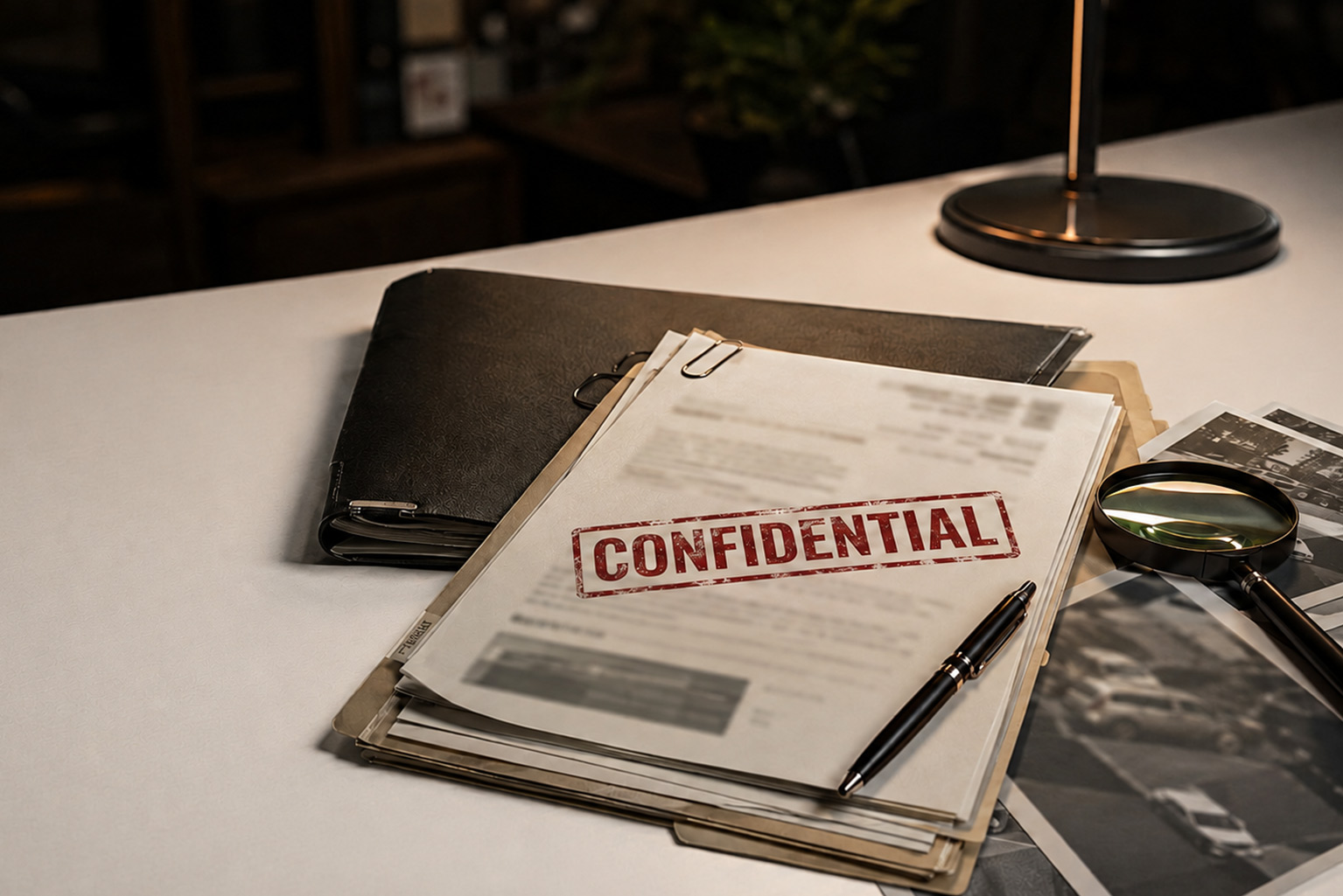 Private investigator reviewing case files